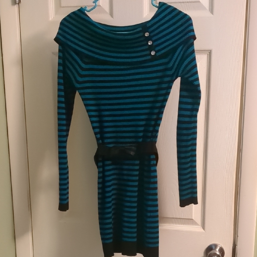Candie's Black and Teal Striped Off The Shoulder Long Sleeve Sweater Dress